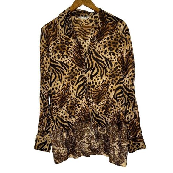St John Brown Black 100% Silk Cheetah Leopard Blouse Size 10 Women's - Picture 1 of 11